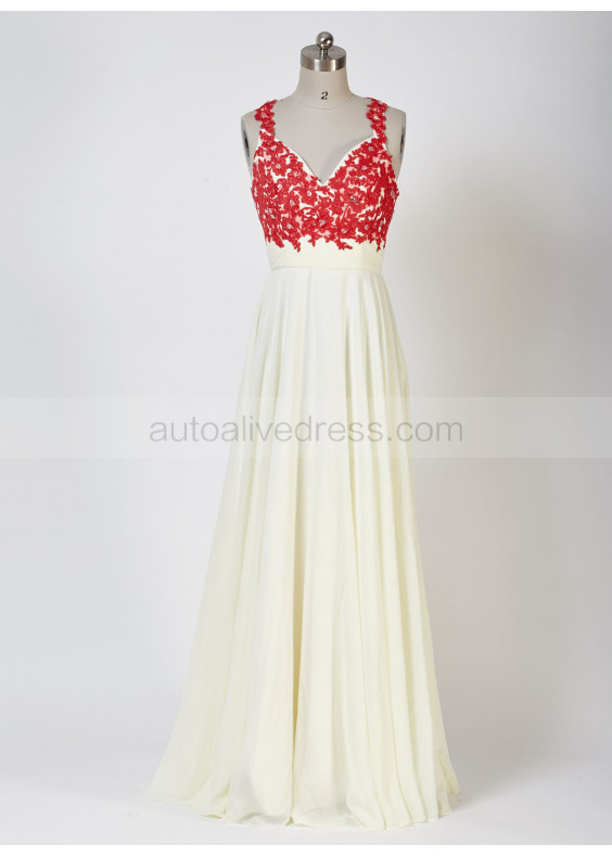 Red Lace Champagne Chiffon Cross Back Floor Length Prom Dress